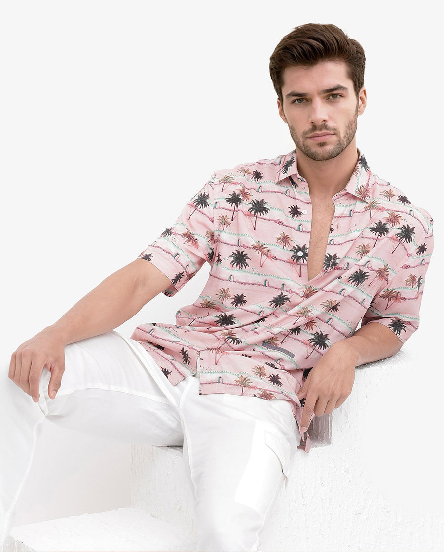 Rare Rabbit Men's Windo Light Pink Viscose Tropical Print Boxy Fit Half Sleeve Collared Shirt