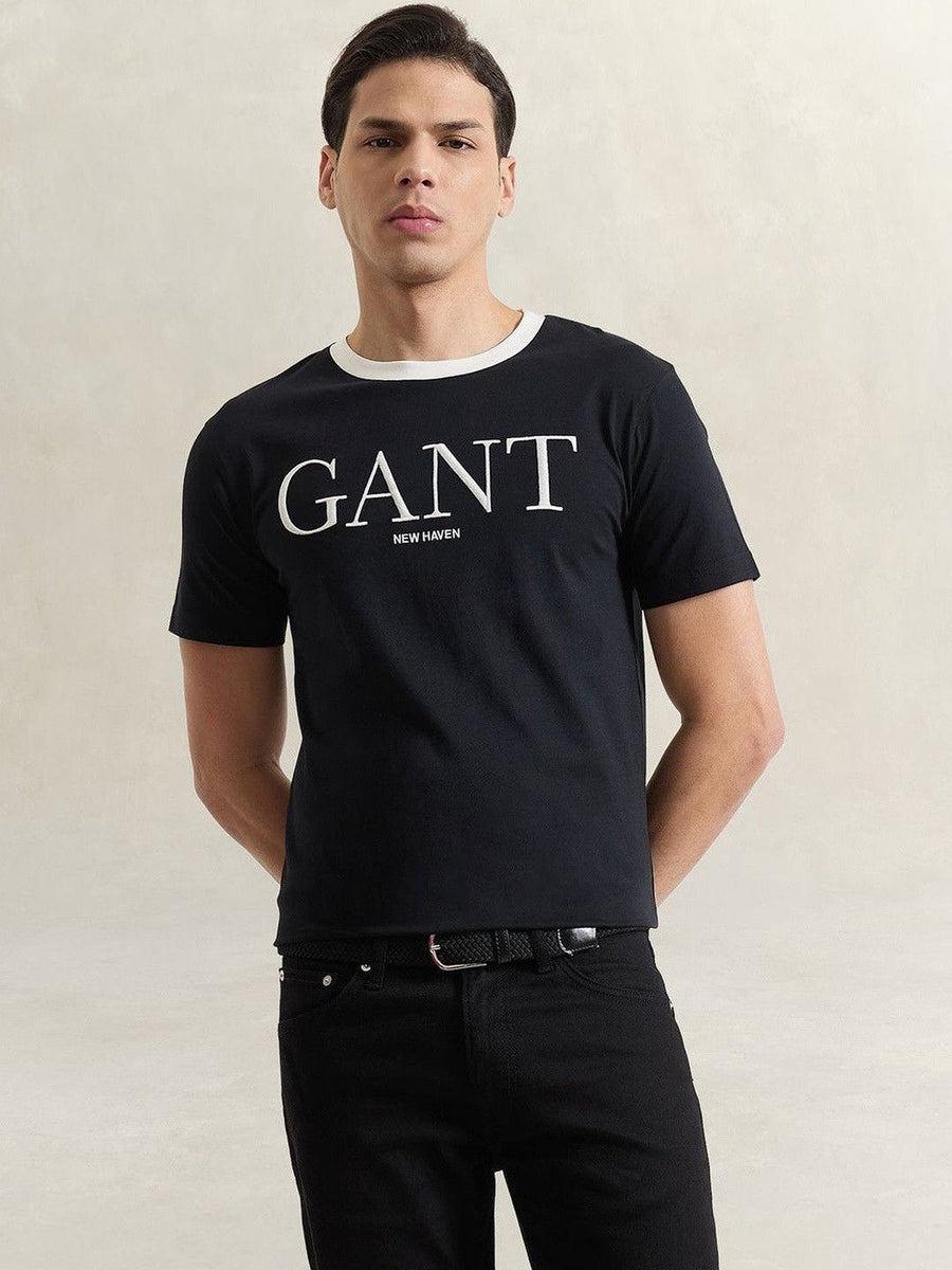 Gant Men Black Solid Regular Fit Pure Cotton T-Shirt