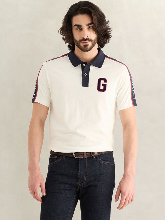 Gant Men Off White Logo Print Regular Fit Pure Cotton Polo T-Shirt