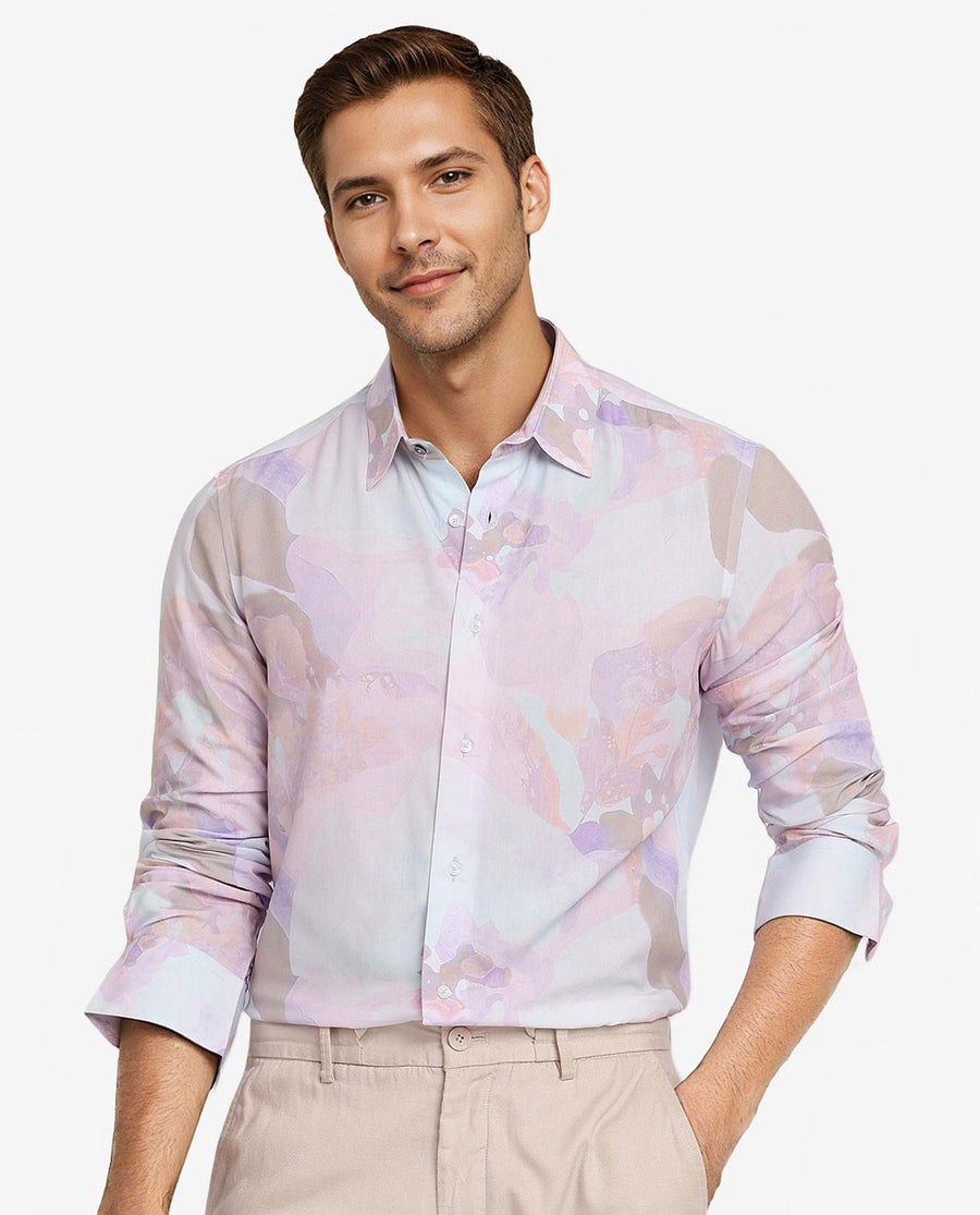 Rare Rabbit Men's Xano Pastel Blue Viscose Abstract Print Regular Fit Full Sleeve Collared Shirt