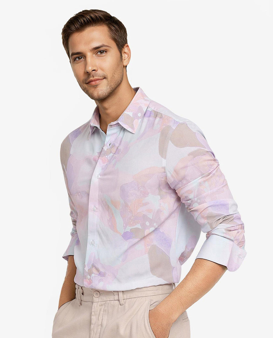 Rare Rabbit Men's Xano Pastel Blue Viscose Abstract Print Regular Fit Full Sleeve Collared Shirt