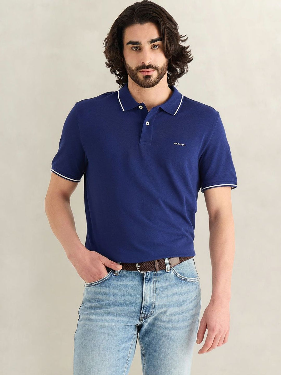 Gant Men Blue Solid Regular Fit Pique Polo T-Shirt