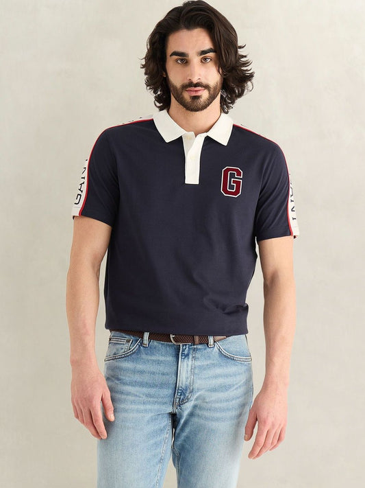 Gant Men Navy Blue Logo Print Regular Fit Pure Cotton Polo T-Shirt