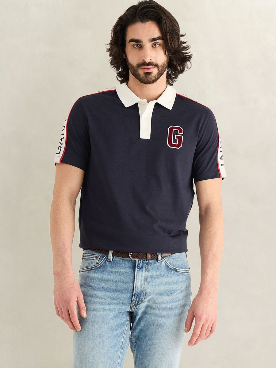 Gant Men Navy Blue Logo Print Regular Fit Pure Cotton Polo T-Shirt