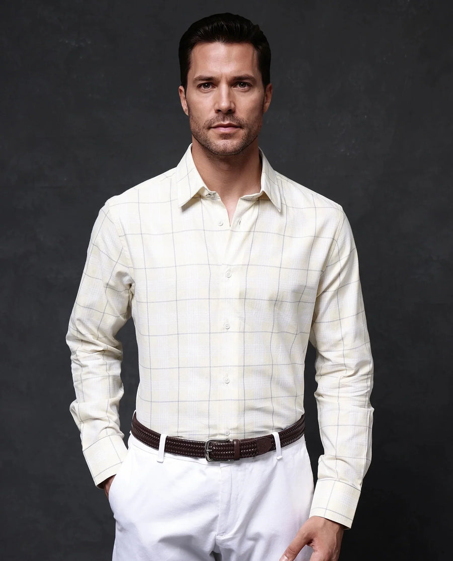 Rare Rabbit Men's Yelt Yellow Cotton Checked Print Regular Fit Full Sleeve Collared Shirt