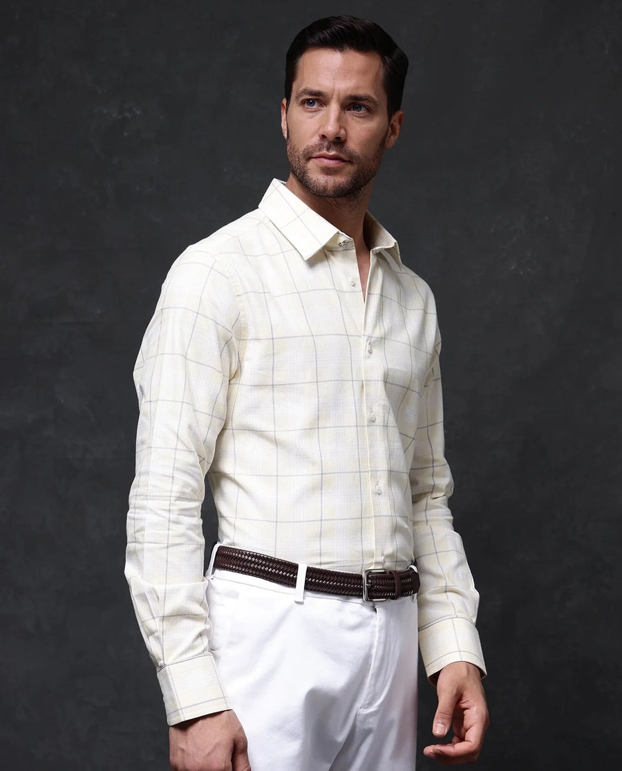 Rare Rabbit Men's Yelt Yellow Cotton Checked Print Regular Fit Full Sleeve Collared Shirt