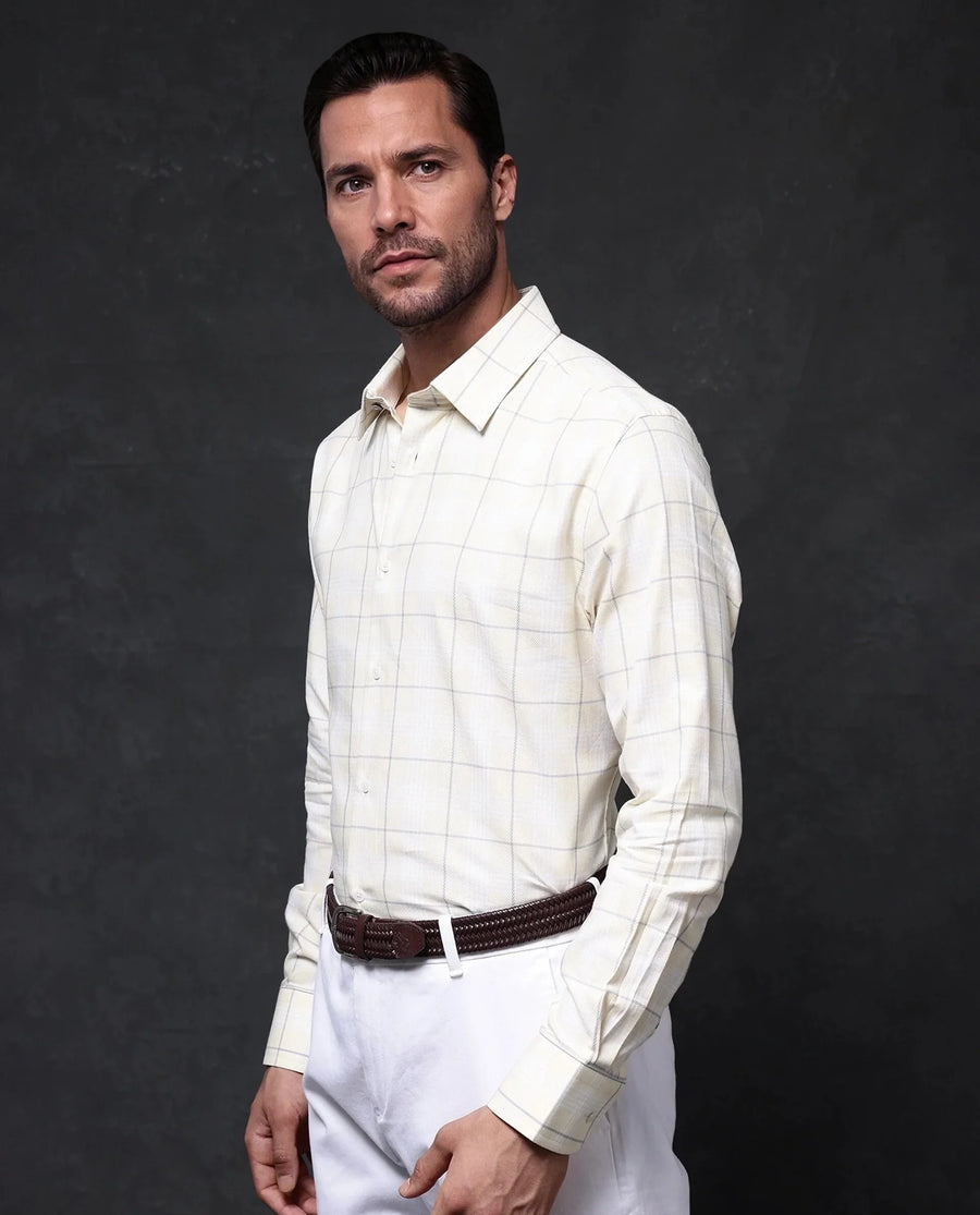 Rare Rabbit Men's Yelt Yellow Cotton Checked Print Regular Fit Full Sleeve Collared Shirt