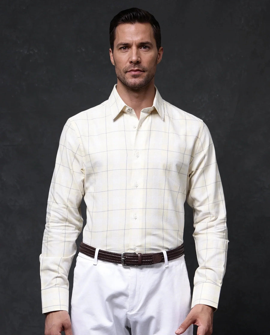 Rare Rabbit Men's Yelt Yellow Cotton Checked Print Regular Fit Full Sleeve Collared Shirt