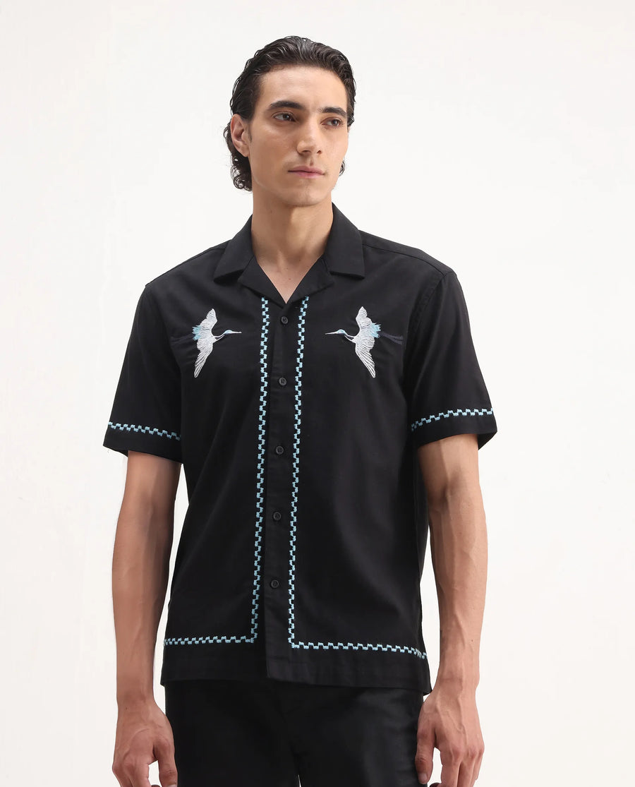 Rare Rabbit Men's Yoko Black Cotton Embroidered Boxy Fit Half Sleeve Cuban Collar Shirt