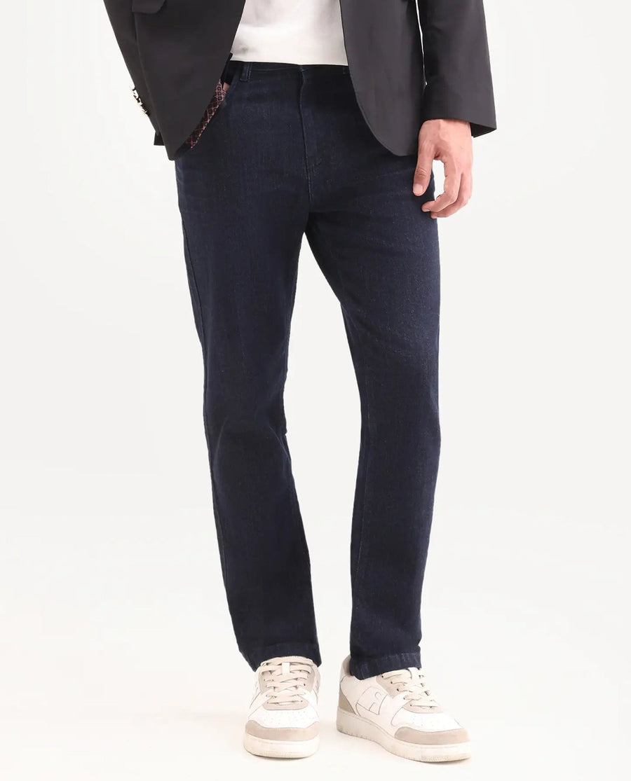 Rare Rabbit Men's Yukto K Dark Navy Cotton Blend Fabric Shank And Zipper Kurt Carrot Plain Jeans