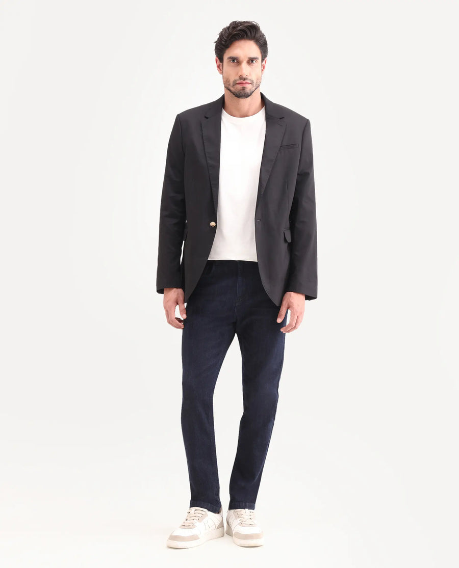 Rare Rabbit Men's Yukto K Dark Navy Cotton Blend Fabric Shank And Zipper Kurt Carrot Plain Jeans
