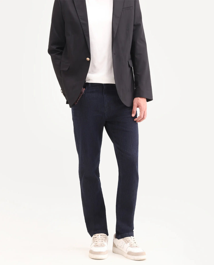 Rare Rabbit Men's Yukto K Dark Navy Cotton Blend Fabric Shank And Zipper Kurt Carrot Plain Jeans
