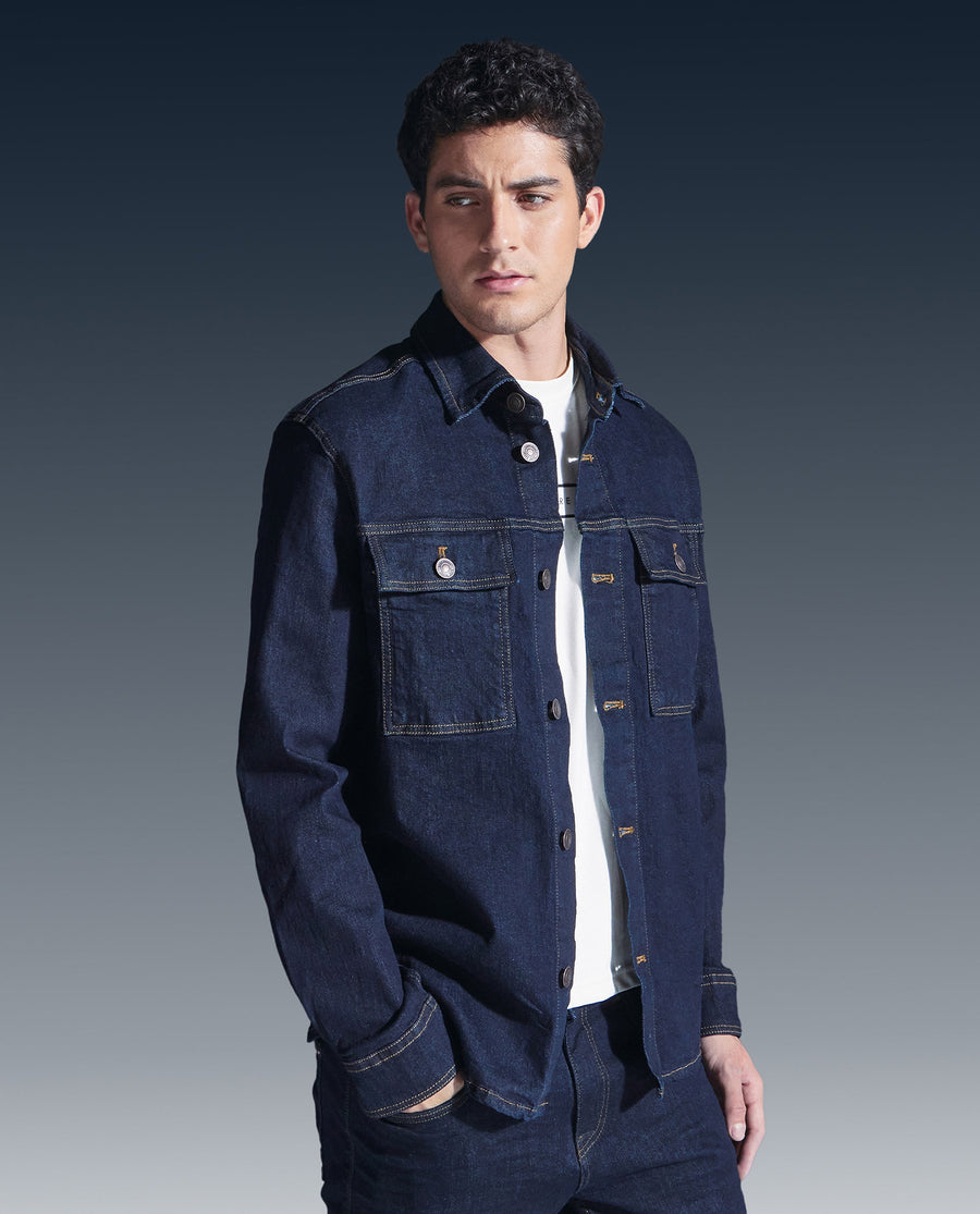 Rare Rabbit Men's Yulio Navy Cotton Plain Slim Fit Full Sleeve Spread Collar Jacket