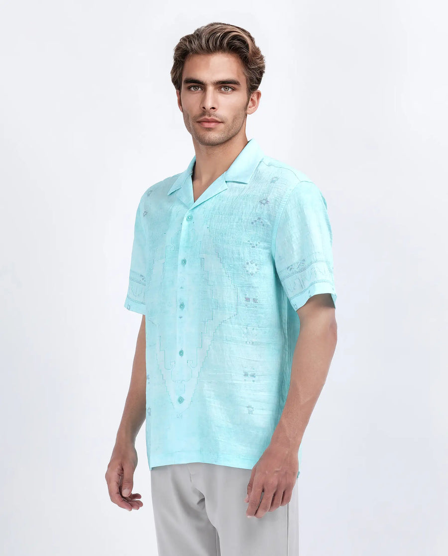 Rare Rabbit Men's Yusi Blue Viscose Blend Boxy Fit Half Sleeve Cuban Collar Shirt
