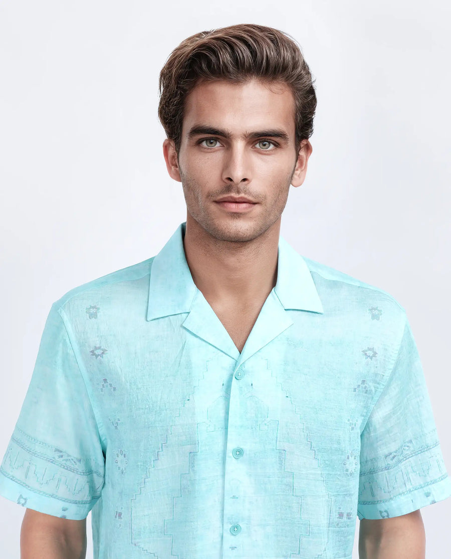 Rare Rabbit Men's Yusi Blue Viscose Blend Boxy Fit Half Sleeve Cuban Collar Shirt