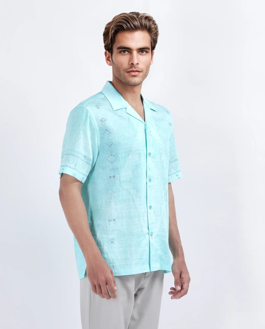 Rare Rabbit Men's Yusi Blue Viscose Blend Boxy Fit Half Sleeve Cuban Collar Shirt