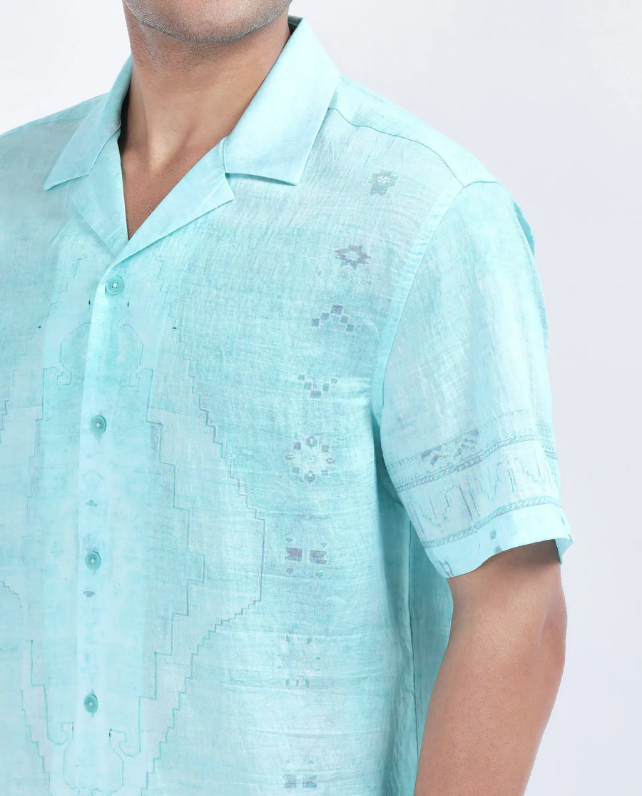 Rare Rabbit Men's Yusi Blue Viscose Blend Boxy Fit Half Sleeve Cuban Collar Shirt