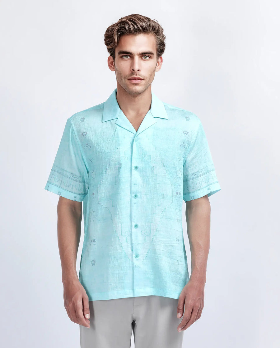 Rare Rabbit Men's Yusi Blue Viscose Blend Boxy Fit Half Sleeve Cuban Collar Shirt