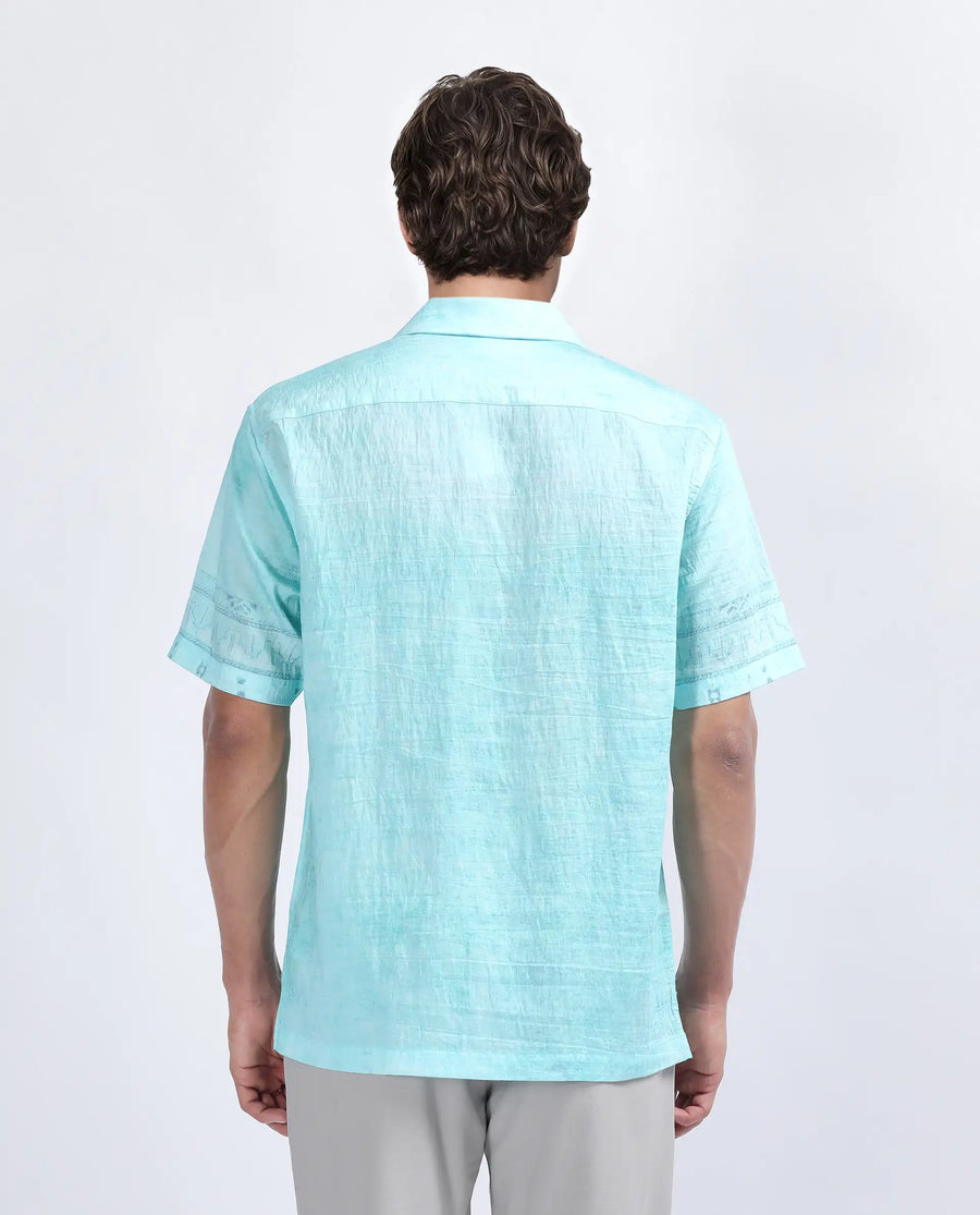 Rare Rabbit Men's Yusi Blue Viscose Blend Boxy Fit Half Sleeve Cuban Collar Shirt