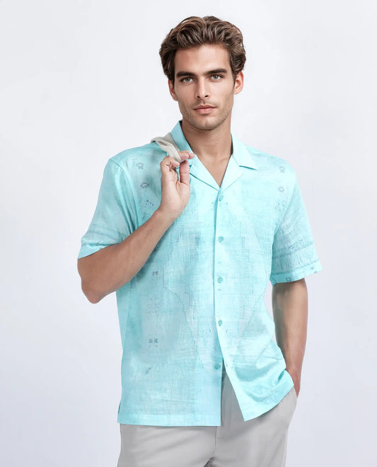 Rare Rabbit Men's Yusi Blue Viscose Blend Boxy Fit Half Sleeve Cuban Collar Shirt
