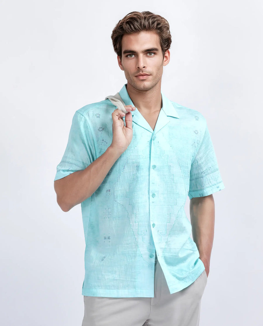 Rare Rabbit Men's Yusi Blue Viscose Blend Boxy Fit Half Sleeve Cuban Collar Shirt