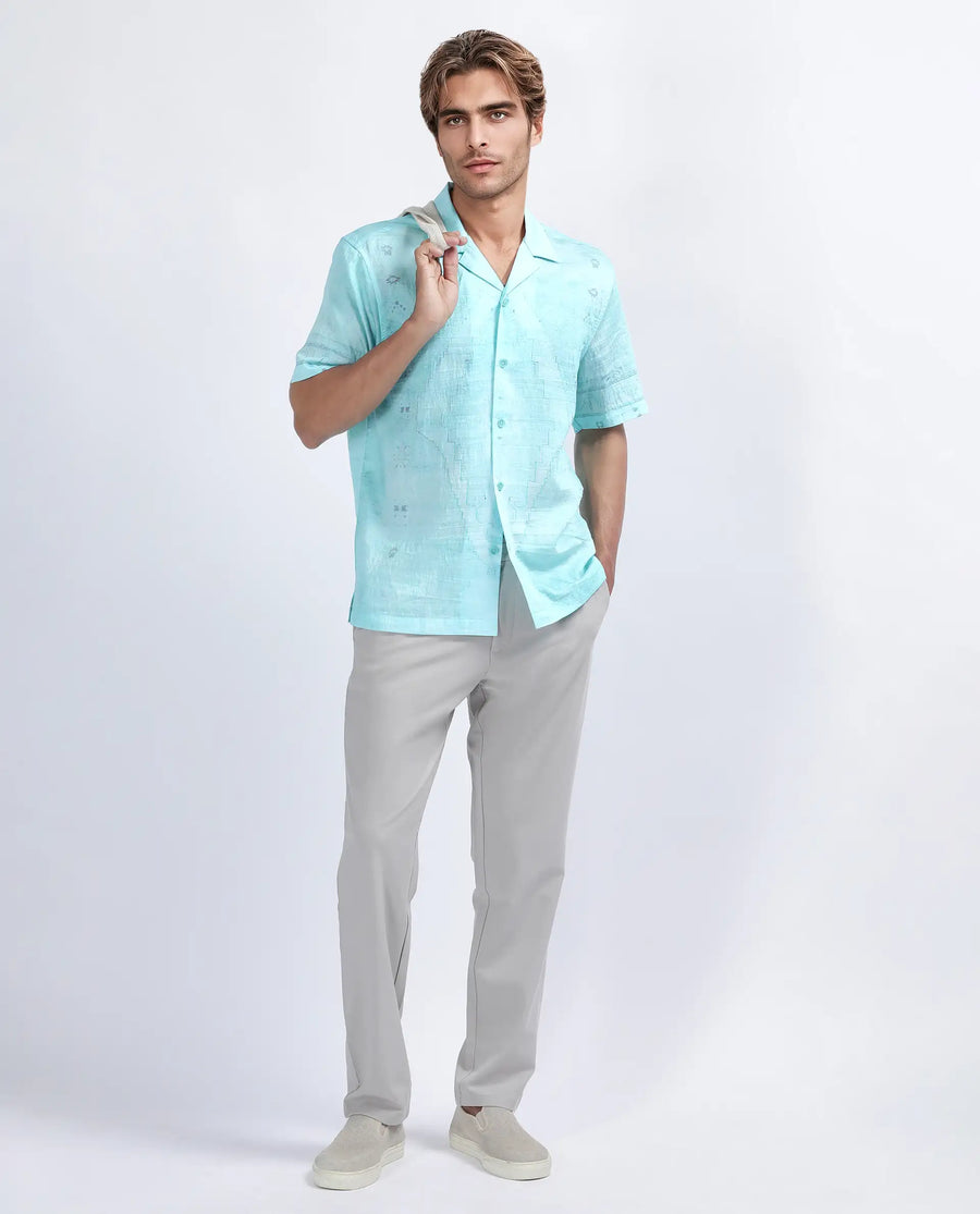 Rare Rabbit Men's Yusi Blue Viscose Blend Boxy Fit Half Sleeve Cuban Collar Shirt