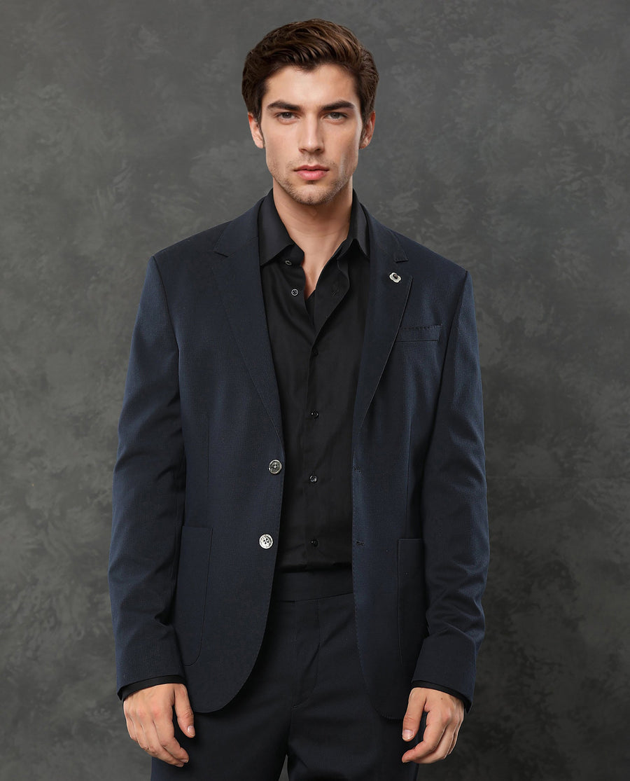 Rare Rabbit Men's Zanza Navy Polyester Plain Tailored Fit Full Sleeve Lapel Neck Suits