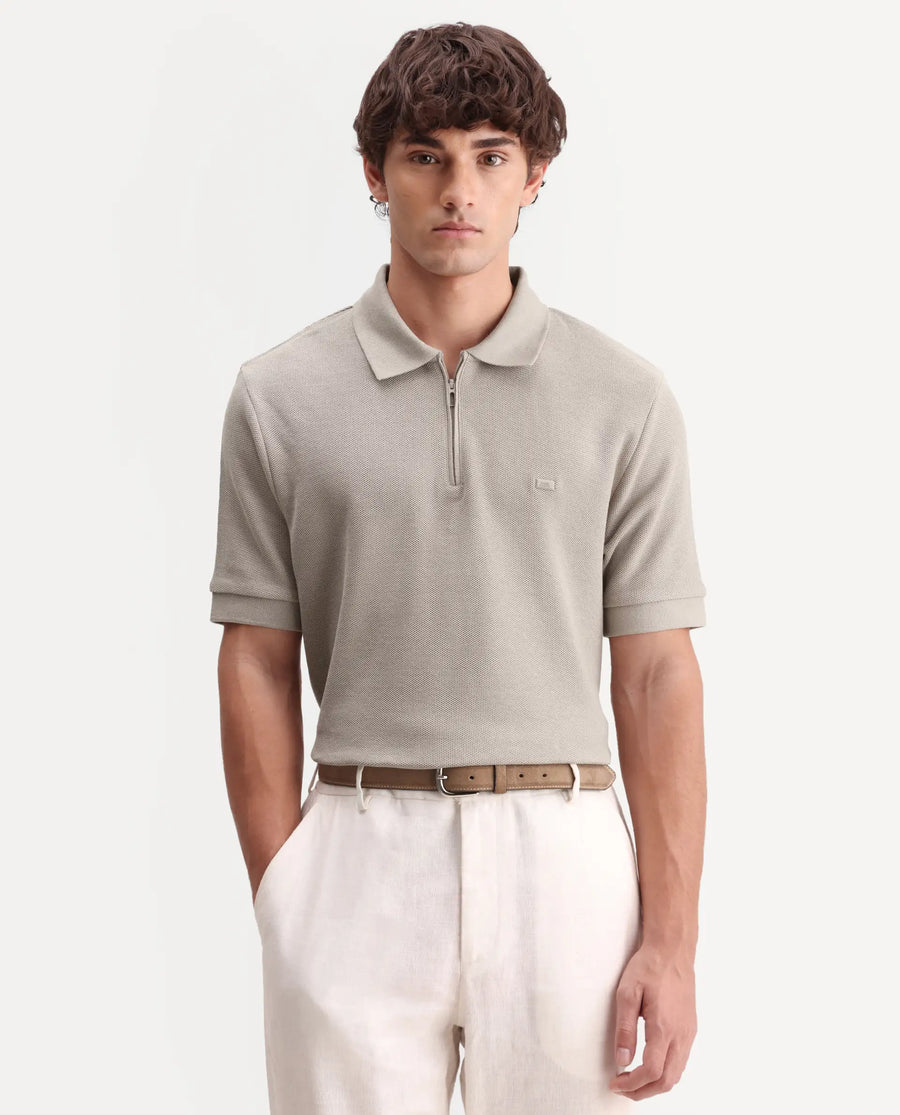 Rare Rabbit Men's Zaron Dusky Beige Cotton Fabric Half Sleeve Spread Collar Regular Fit Plain Polo