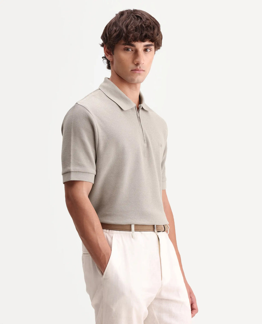 Rare Rabbit Men's Zaron Dusky Beige Cotton Fabric Half Sleeve Spread Collar Regular Fit Plain Polo
