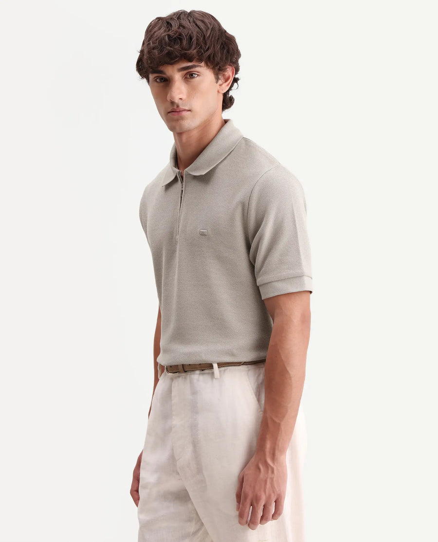 Rare Rabbit Men's Zaron Dusky Beige Cotton Fabric Half Sleeve Spread Collar Regular Fit Plain Polo