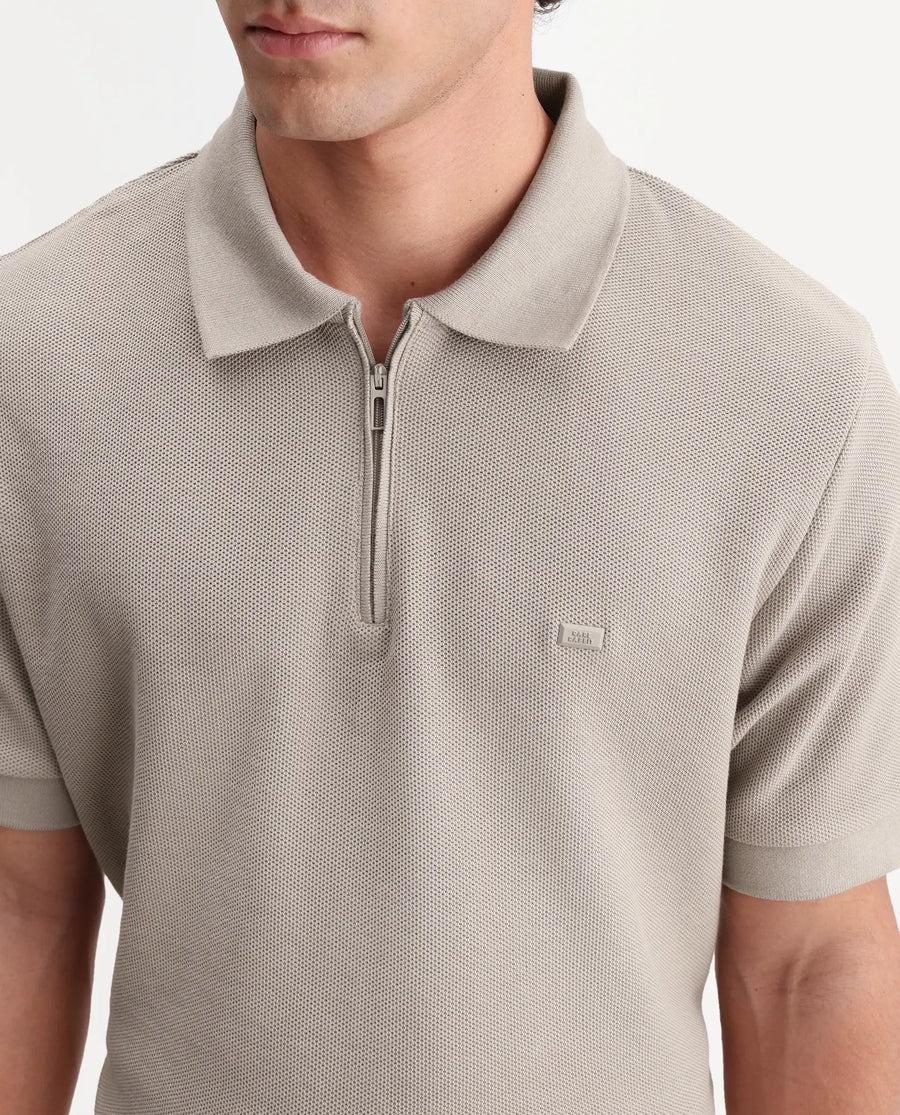 Rare Rabbit Men's Zaron Dusky Beige Cotton Fabric Half Sleeve Spread Collar Regular Fit Plain Polo