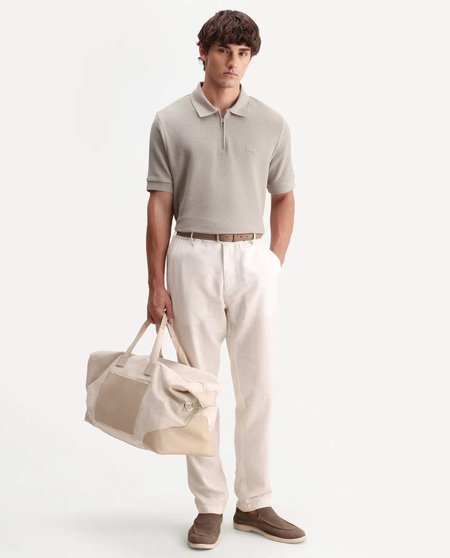 Rare Rabbit Men's Zaron Dusky Beige Cotton Fabric Half Sleeve Spread Collar Regular Fit Plain Polo
