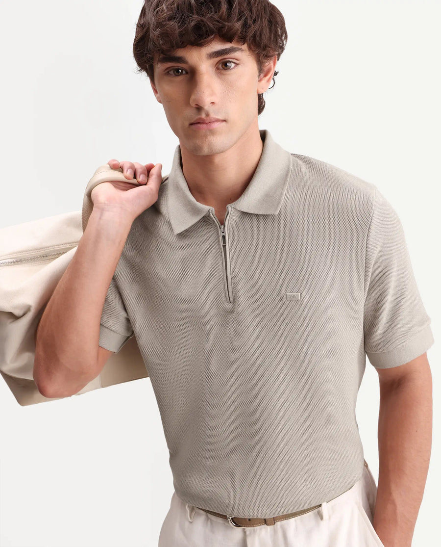 Rare Rabbit Men's Zaron Dusky Beige Cotton Fabric Half Sleeve Spread Collar Regular Fit Plain Polo