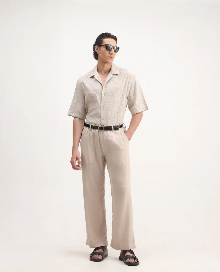 Rare Rabbit Men's Zeal Khaki Cotton Embroidered Oversized Fit Half Sleeve Cuban Collar Shirt