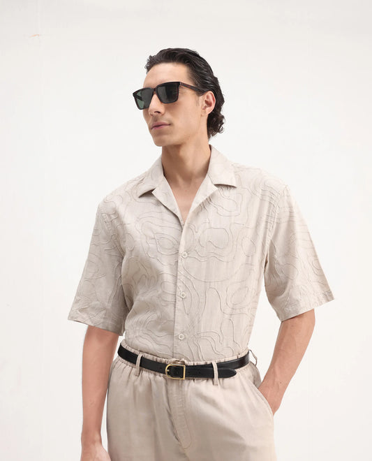 Rare Rabbit Men's Zeal Khaki Cotton Embroidered Oversized Fit Half Sleeve Cuban Collar Shirt