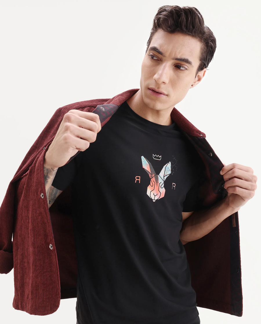 Rare Rabbit Men's Zemi Black Cotton Blend Graphic Print Regular Fit Half Sleeve Crew Neck T-Shirt
