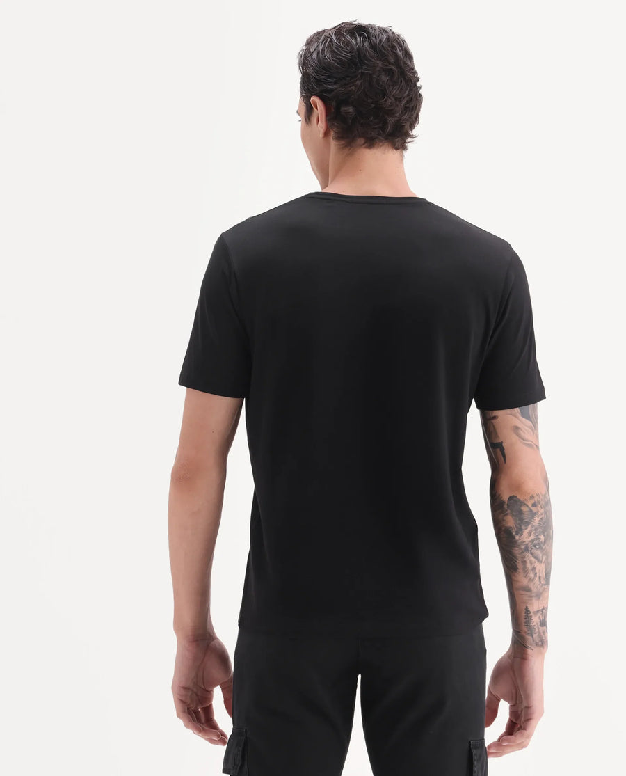 Rare Rabbit Men's Zemi Black Cotton Blend Graphic Print Regular Fit Half Sleeve Crew Neck T-Shirt