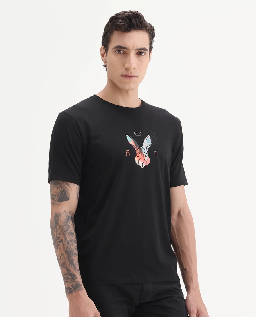 Rare Rabbit Men's Zemi Black Cotton Blend Graphic Print Regular Fit Half Sleeve Crew Neck T-Shirt
