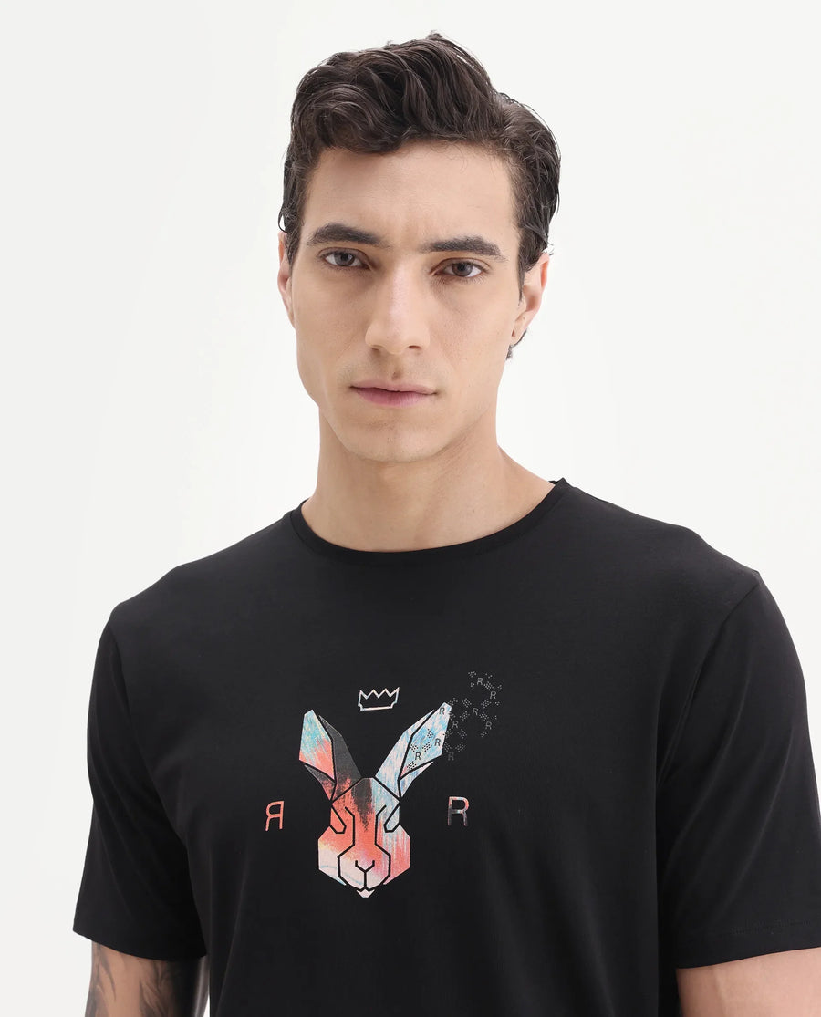 Rare Rabbit Men's Zemi Black Cotton Blend Graphic Print Regular Fit Half Sleeve Crew Neck T-Shirt