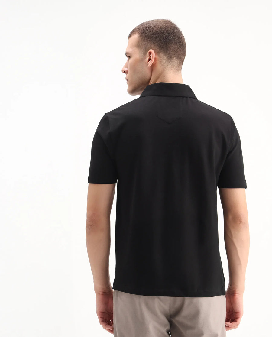 Rare Rabbit Men's Zeni Black Cotton Blend Plain Regular Fit Half Sleeve Polo