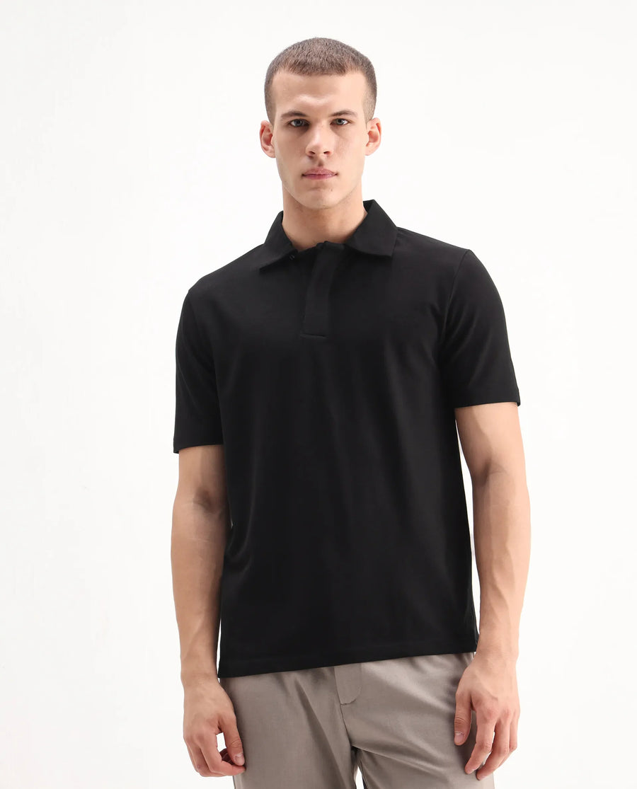 Rare Rabbit Men's Zeni Black Cotton Blend Plain Regular Fit Half Sleeve Polo