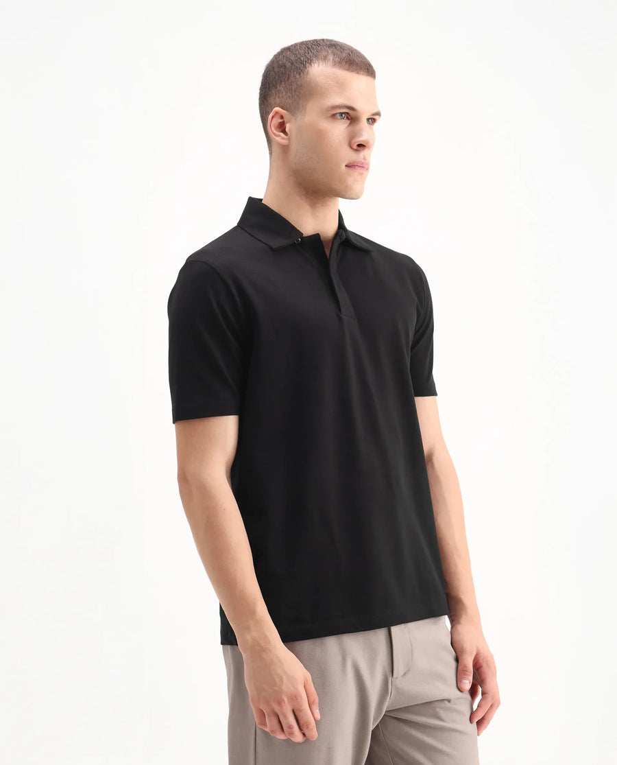 Rare Rabbit Men's Zeni Black Cotton Blend Plain Regular Fit Half Sleeve Polo