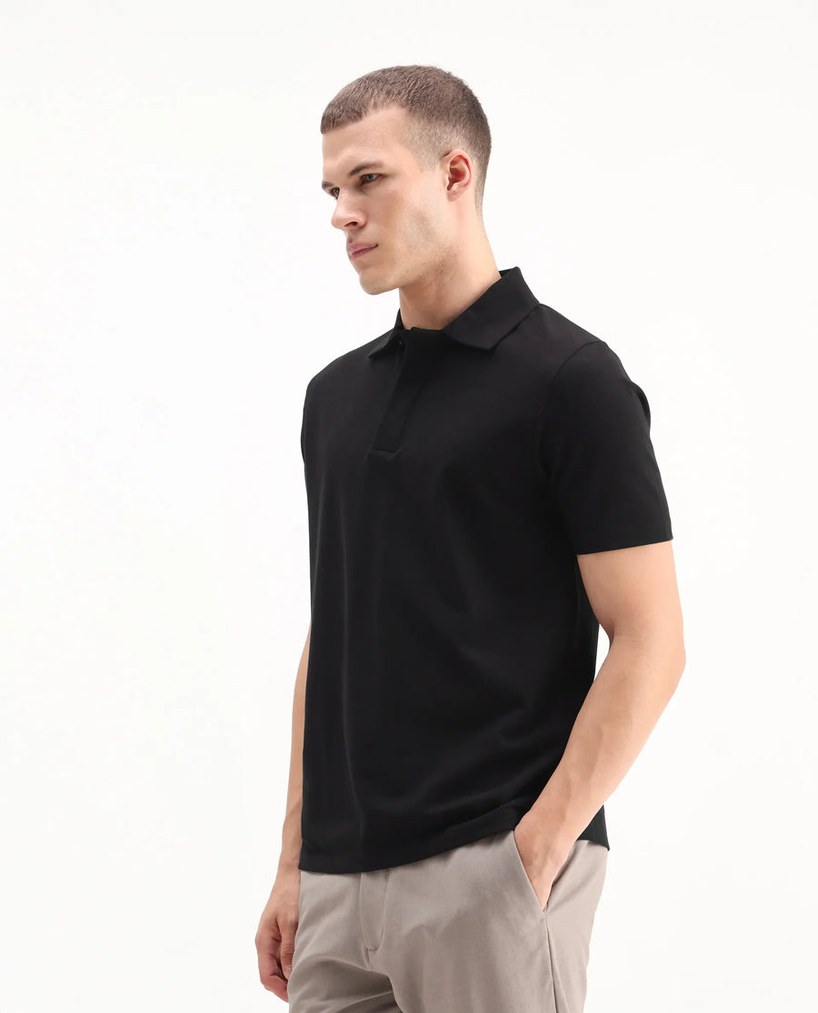 Rare Rabbit Men's Zeni Black Cotton Blend Plain Regular Fit Half Sleeve Polo