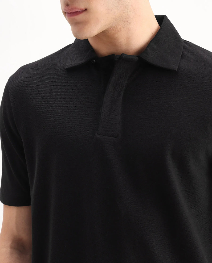Rare Rabbit Men's Zeni Black Cotton Blend Plain Regular Fit Half Sleeve Polo