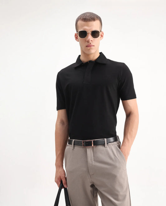 Rare Rabbit Men's Zeni Black Cotton Blend Plain Regular Fit Half Sleeve Polo