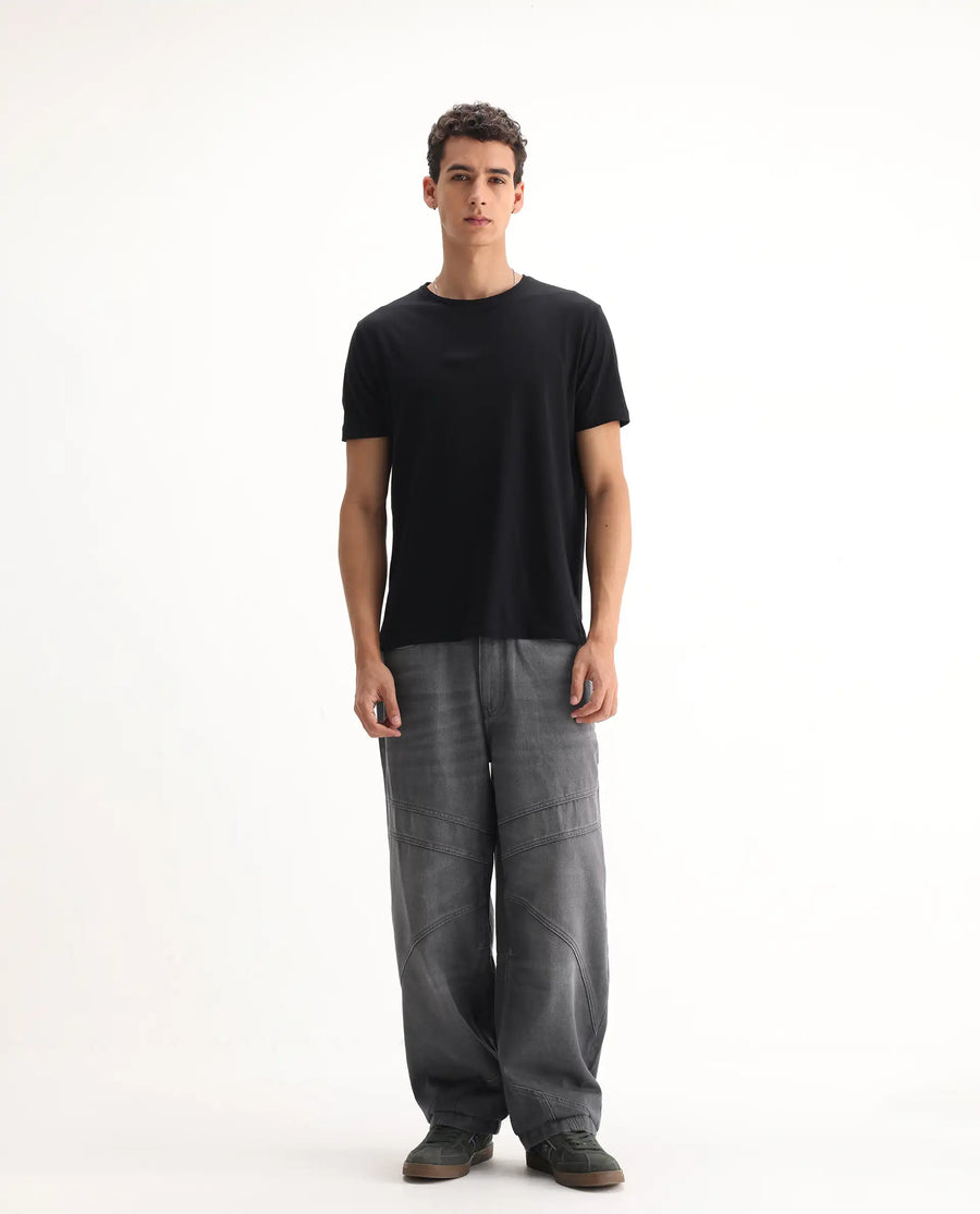 Rare Rabbit Men's Zeret Dark Grey Cotton Plain Baggy Fit Jeans