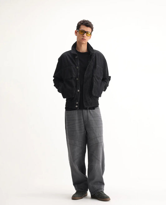 Rare Rabbit Men's Zeret Dark Grey Cotton Plain Baggy Fit Jeans