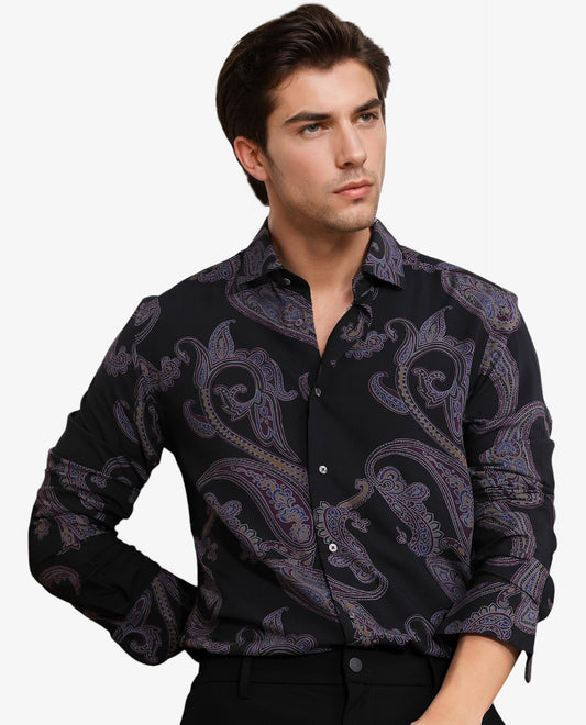 Rare Rabbit Men's Zeus Black Viscose Paisley Print Regular Fit Full Sleeve Collared Shirt