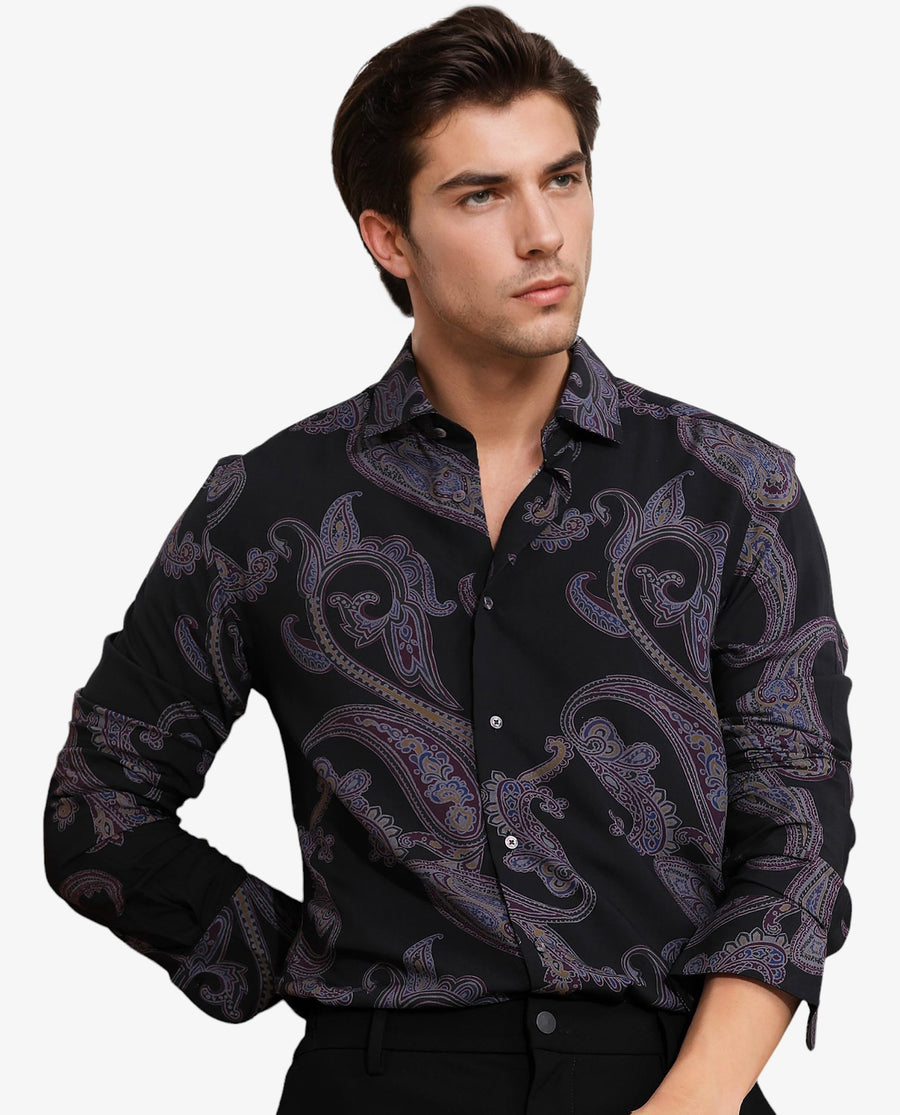 Rare Rabbit Men's Zeus Black Viscose Paisley Print Regular Fit Full Sleeve Collared Shirt