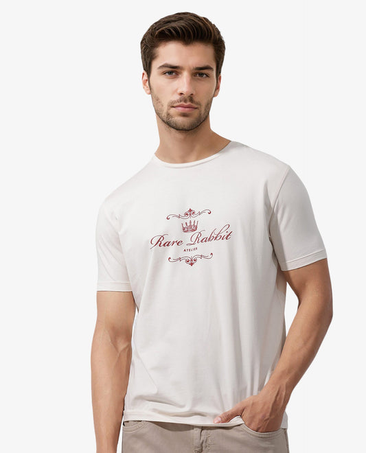 Rare Rabbit Men's Zeus Beige Cotton Blend Graphic Print Regular Fit Half Sleeve Crew Neck T-Shirt